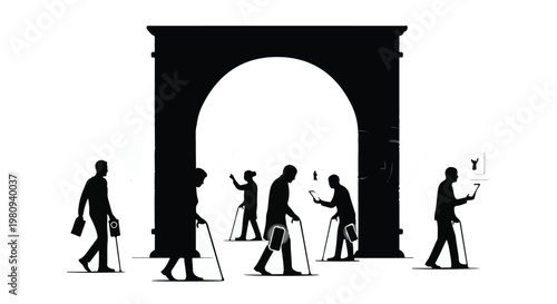 People walking through archway silhouette illustration