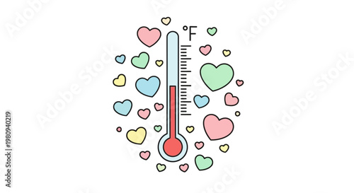 Thermometer with colorful heart shapes around.