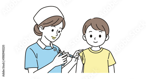 Nurse giving injection to young boy.