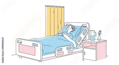 Woman lying in hospital bed.