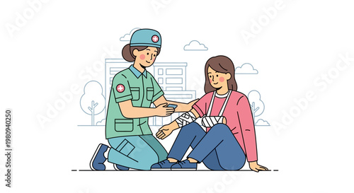 Nurse helping woman with injured leg.