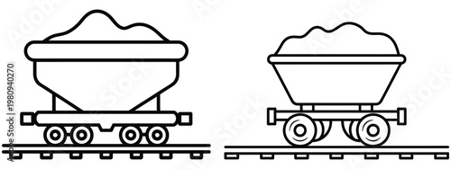 Two outline style mining carts with ore on tracks,