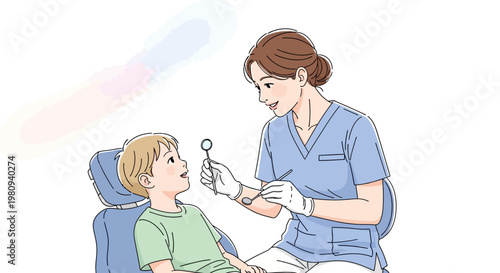 Dentist examining a young boy.