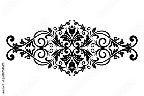 Elegant black floral ornament with swirling vines and symmetrical design