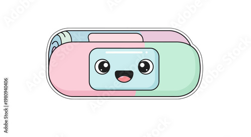 Colorful cartoon camera with smiling face.