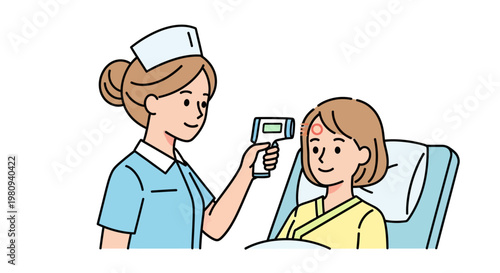 Nurse checking patient temperature with thermometer.