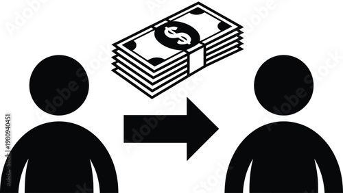 Money transfer icon with cash and people silhouettes