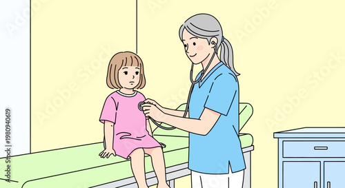 Female doctor examining little girl.