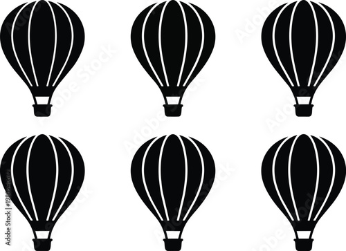 A set of black hot air balloons on transparent background