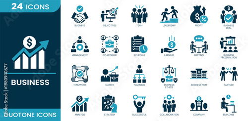 Business icon set. Team, leadership, profit, deal, management, schedule, earning, meeting, presentation, planning, ethics, partner, analysis, strategy, company, employee. Duotone vector icons.