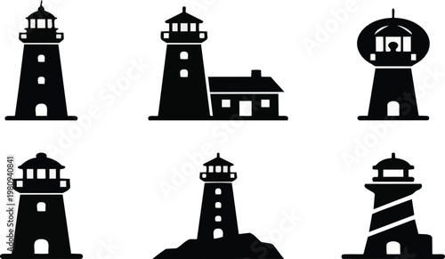A set of six black lighthouse silhouettes on transparent background