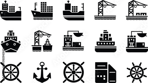 Cargo Ship and Maritime Port Icon Set Vector illustration