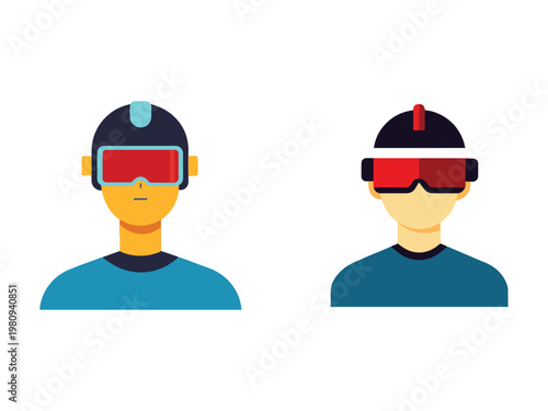 Two skiers wearing helmets and goggles for skiing and snowboarding isolated on white background