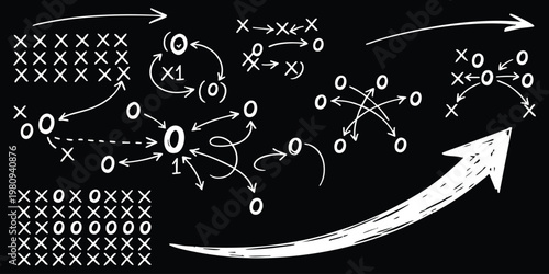 Hand drawn tactical play diagram with strategy arrows and markings on a black chalkboard vector illustration