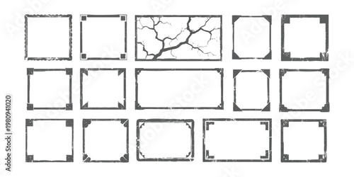 Collection of vintage decorative photo frames with cracked textures and hand drawn rough edges vector illustration