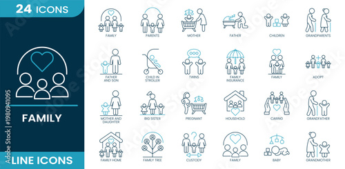Family icon set. Parents, children, grandparents, twins, baby stroller, pregnancy, household, caring, adoption, siblings, home, baby, custody. Line vector icons.