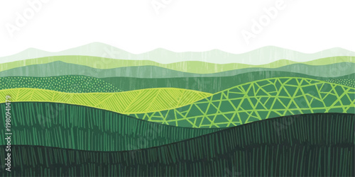 Abstract landscape with layered green hills and geometric wireframe pattern, modern nature vector illustration design