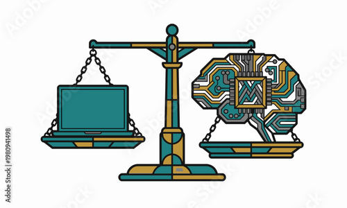 Flat Vector Illustration of a Balance Scale Comparing a Laptop and a Digital Circuitry Brain Representing AI Ethics and the Equilibrium Between Human and Machine Intelligence