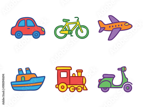 Collection of colorful cartoon transportation vehicles.