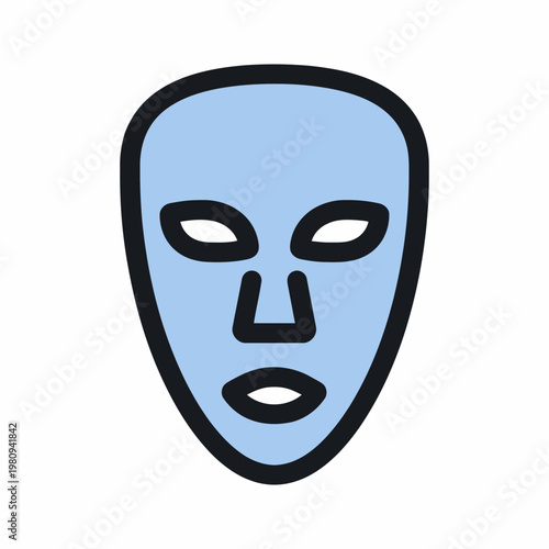 A blue mask with black outlines shows a face in close-up