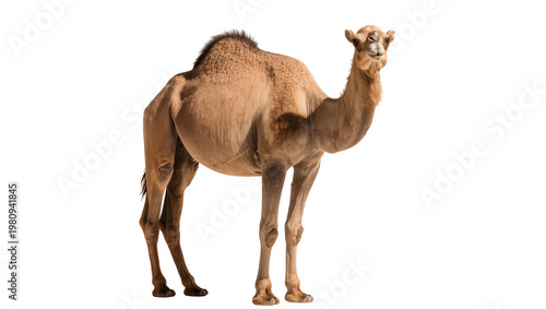Isolated Dromedary camel standing, looking directly at viewer, majestic desert mammal
