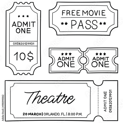 Hand-drawn doodle set of tickets on a white background.