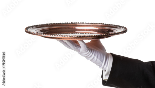 Photography Isolated professional butler's hand in white glove presenting ornate copper serv
