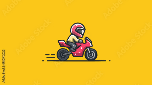 Cute mini biker on red sport bike flat vector illustration