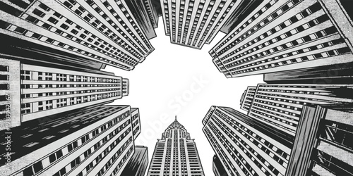 Low angle view of modern city skyscrapers with dramatic perspective for urban architectural concept vector illustration