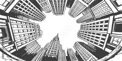 Black and white fisheye perspective view of modern city skyscrapers urban architecture vector illustration