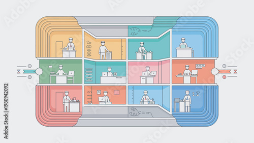 A colorful illustration of scientists working in a laboratory with various equipment and tools.