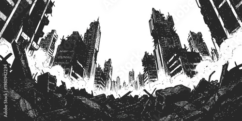 Post-apocalyptic ruined city landscape with collapsing skyscrapers in a dramatic black and white manga style vector illustration