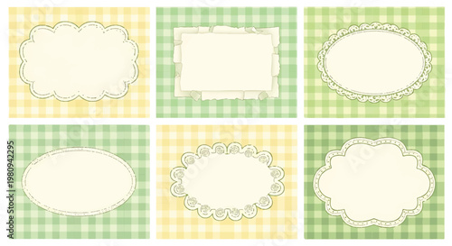 Collection of pastel gingham backgrounds with lace frames background decorative checkered scrapbook delicate illustration collection invitation