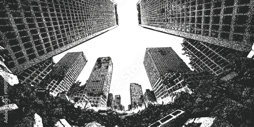 Dramatic wide angle worm eye view of modern city skyscrapers in black and white sketch style vector illustration