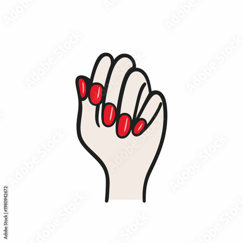 A hand with red nails is clenched in a fist gesture.