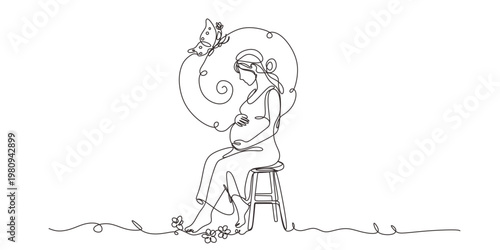 Continuous line drawing of a pregnant woman with butterfly. One line drawing of a pregnant woman. Pregnant belly with heart and butterfly.