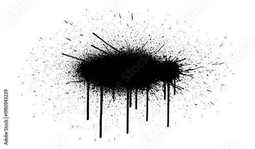 Dynamic black spray paint splatter vector with ink blot bursts and grunge texture overlay isolated on white