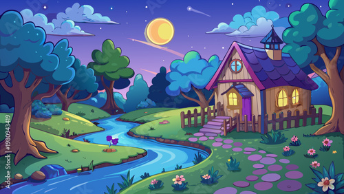 Whimsical cartoon house, moonlit landscape, purple night sky, serene scenery, vector illustration