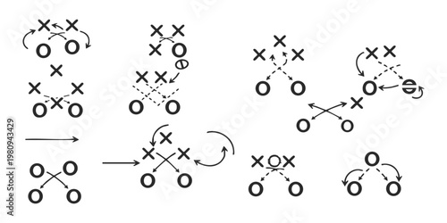 Abstract scientific diagrams showing chemical reaction mechanisms with molecular symbols and directional flow arrows vector illustration