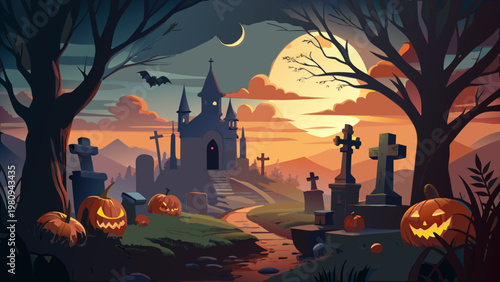 Halloween, spooky, vector, illustration, creepy graveyard, pumpkins, orange, night, moonlit