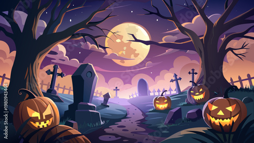 Halloween, spooky graveyard, jack-o-lanterns, creepy landscape, purple night sky