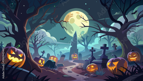 Halloween graveyard, spooky pumpkins, haunted night, moonlit cemetery