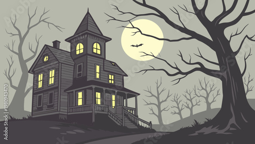 Spooky haunted house, creepy mansion, dark eerie landscape, Halloween vector illustration