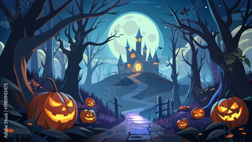 Halloween, spooky, haunted house, jack-o-lanterns, moonlit forest, eerie landscape, vector illustration