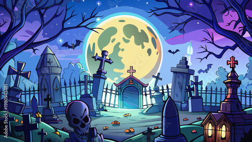 Halloween, spooky graveyard, nighttime scene, vector illustration, creepy cemetery