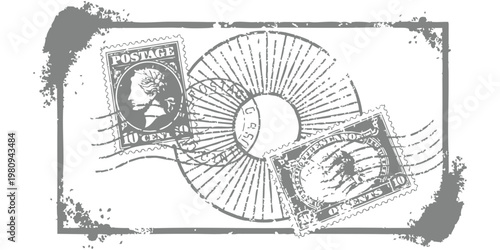 Vintage postage stamps with cancellation marks and grunge border elements vector illustration for retro postal design projects