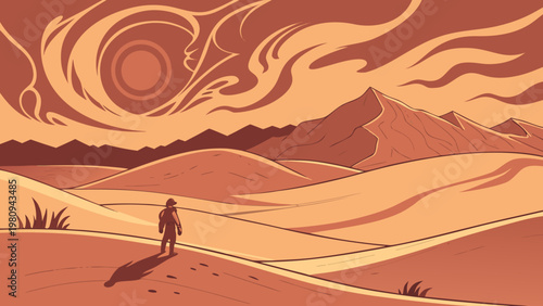 Desert landscape, orange sunset, lone traveler, vector illustration, sandy dunes, mountain range