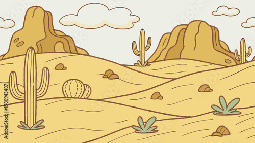 Desert landscape, sandy dunes, rocky outcrops, cactus plants, vector illustration