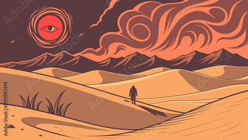 Desert landscape, abstract mountains, orange sunset, vector illustration