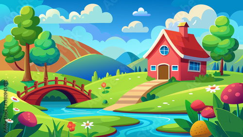 Colorful cartoon landscape, serene rural scene, house near stream, green hills